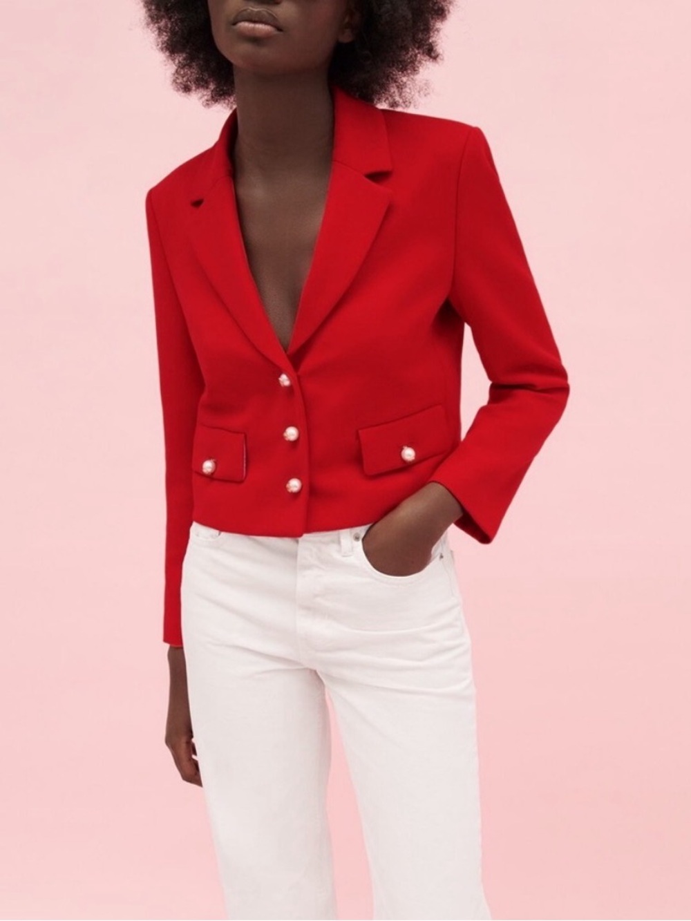 ZARA Red Cropped Pearl-Button Blazer